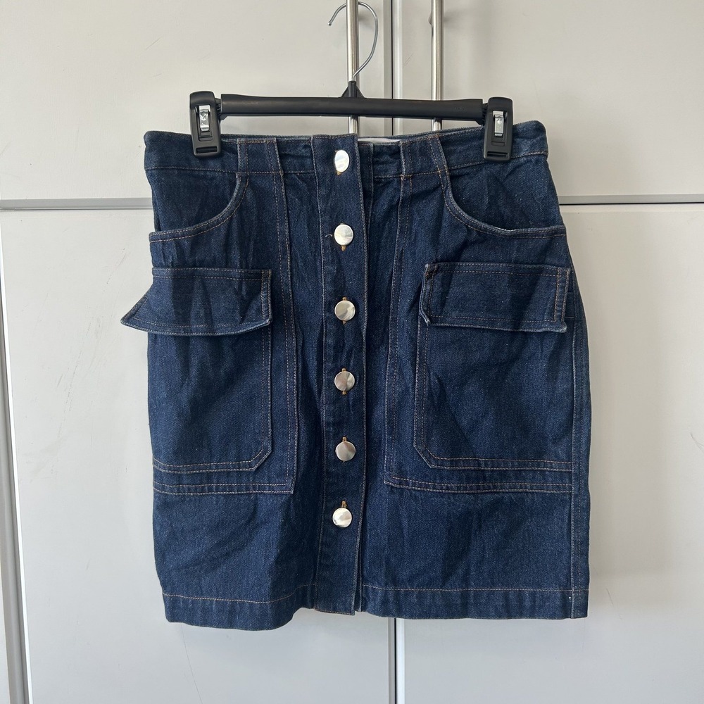LF Markey Denim Mini Skirt Indigo Blue Button Front Patch Pockets US 6 UK 10